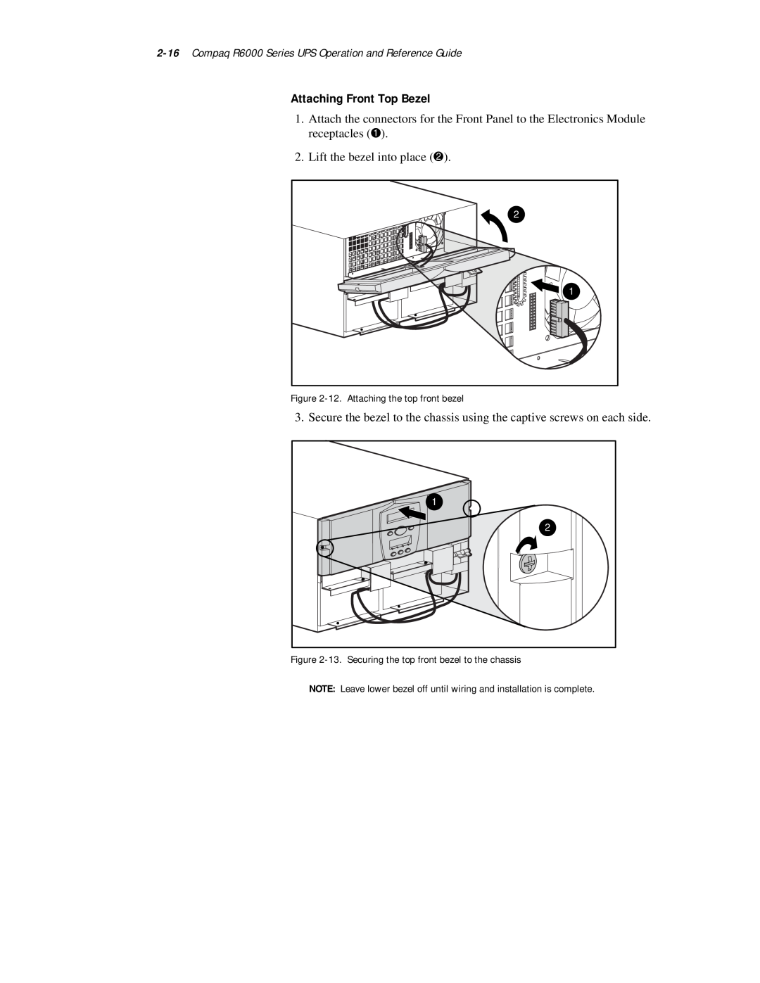 Compaq manual Attaching Front Top Bezel, Compaq R6000 Series UPS Operation and Reference Guide 