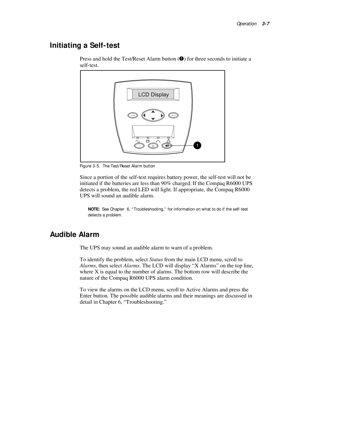 Compaq R6000 Series manual Initiating a Self-test, Audible Alarm, Operation 