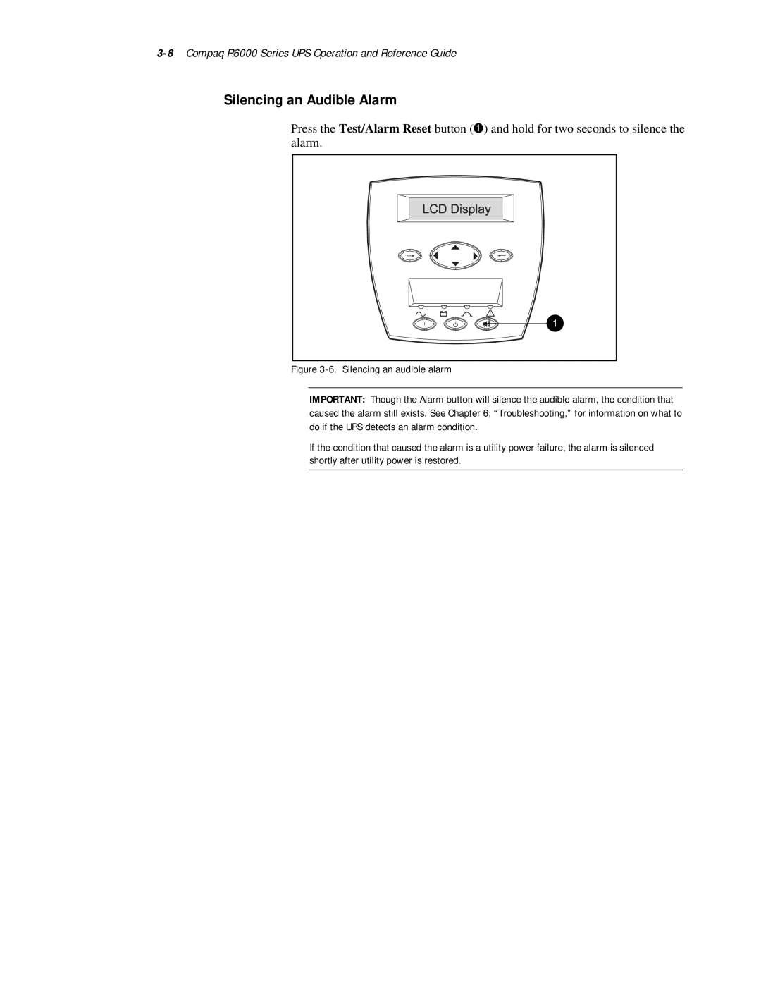 Compaq manual Silencing an Audible Alarm, Compaq R6000 Series UPS Operation and Reference Guide 