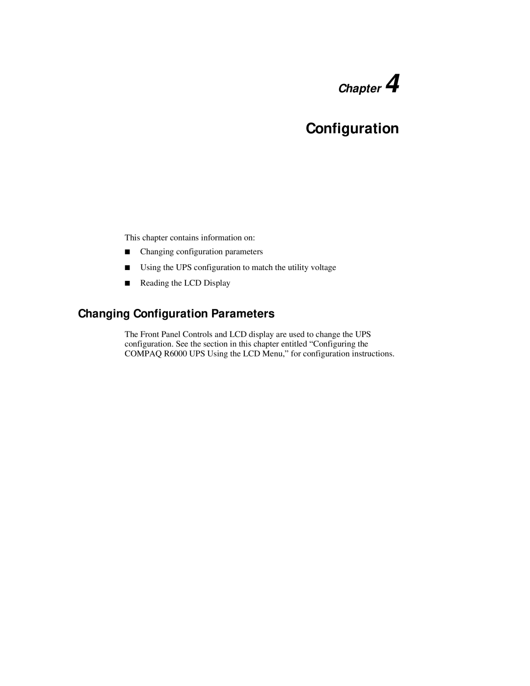 Compaq R6000 Series manual Changing Configuration Parameters, Chapter 