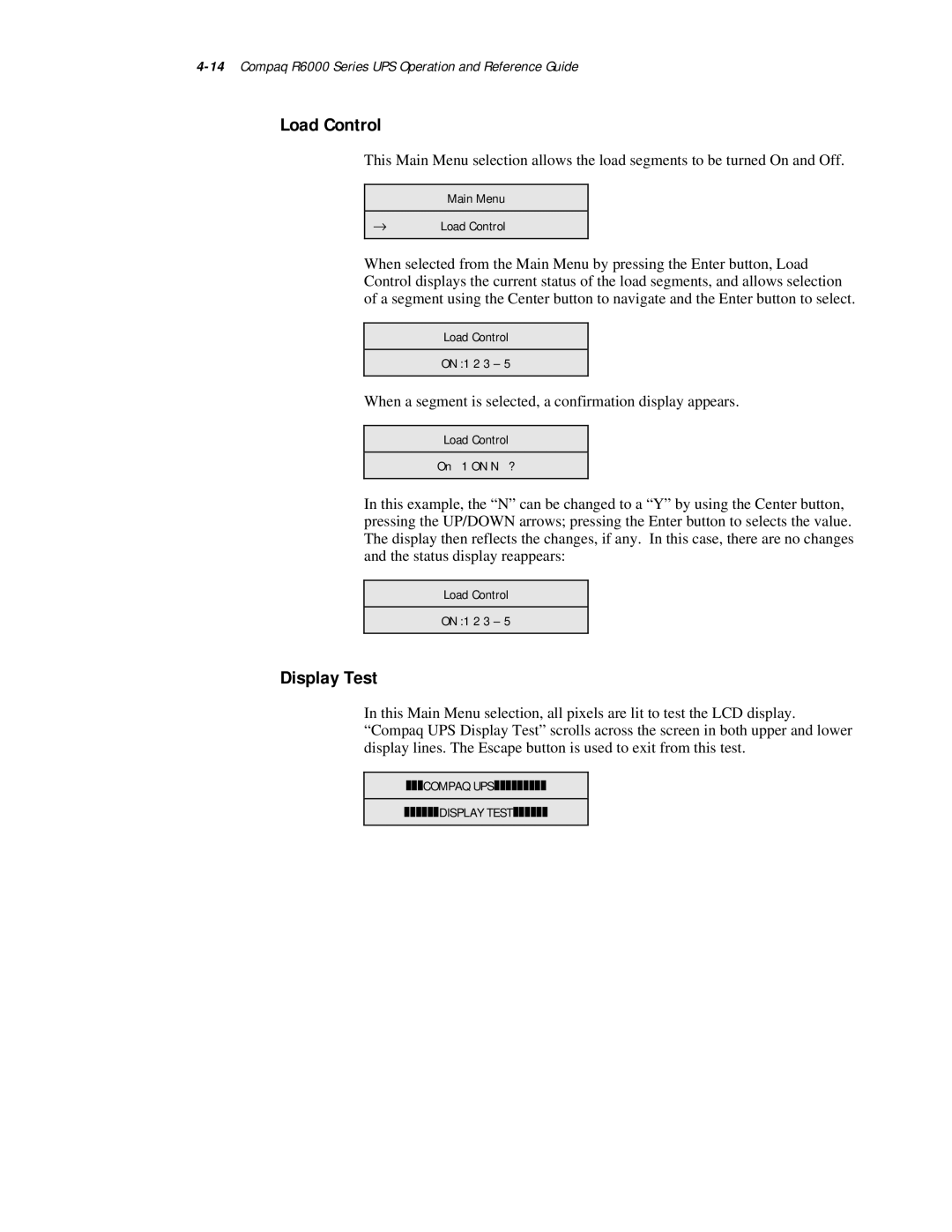 Compaq manual Load Control, Display Test, Compaq R6000 Series UPS Operation and Reference Guide 