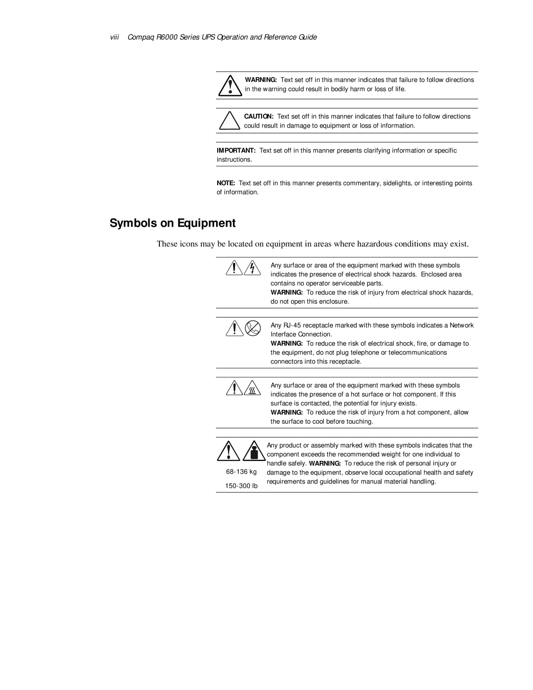 Compaq manual Symbols on Equipment, viii Compaq R6000 Series UPS Operation and Reference Guide 