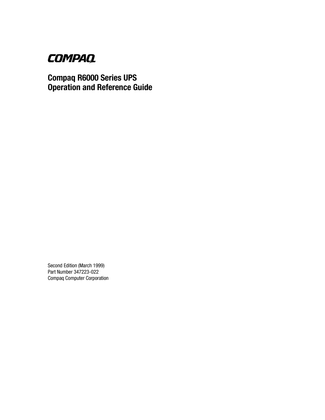 Compaq manual Compaq R6000 Series UPS Operation and Reference Guide 