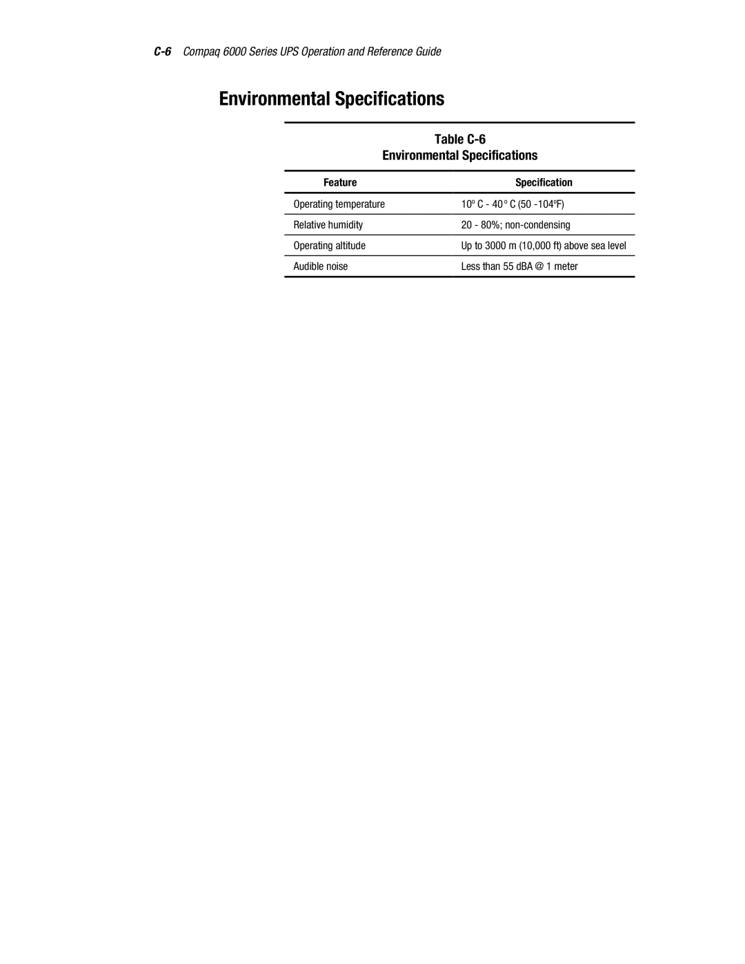 Compaq R6000 manual Table C-6 Environmental Specifications 