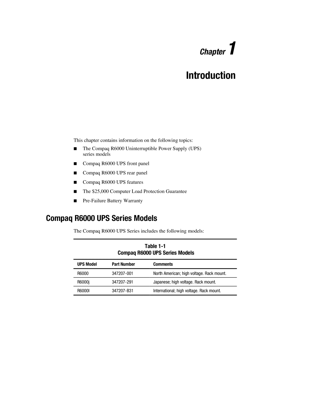 Compaq manual Introduction, Compaq R6000 UPS Series Models, UPS Model Part Number Comments 