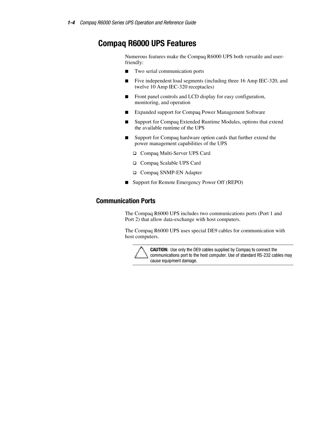 Compaq manual Compaq R6000 UPS Features, Communication Ports 