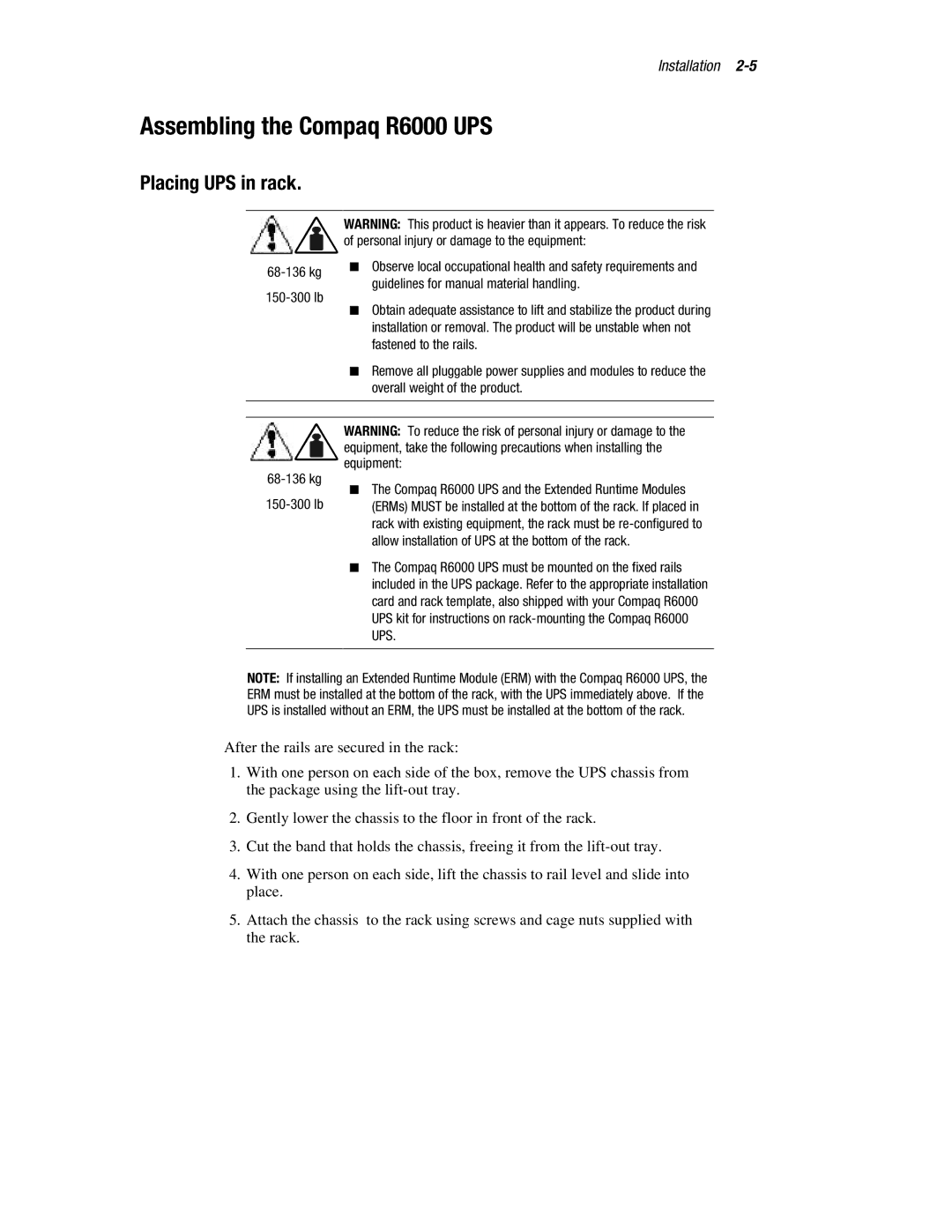 Compaq manual Assembling the Compaq R6000 UPS, Placing UPS in rack 