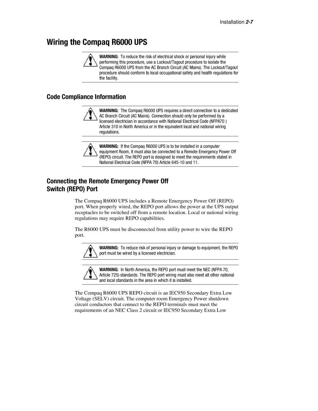 Compaq manual Wiring the Compaq R6000 UPS 