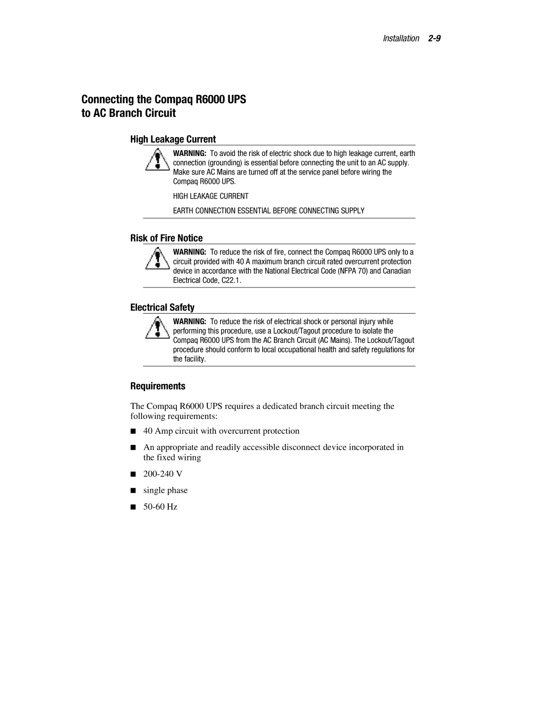 Compaq manual Connecting the Compaq R6000 UPS to AC Branch Circuit, High Leakage Current 