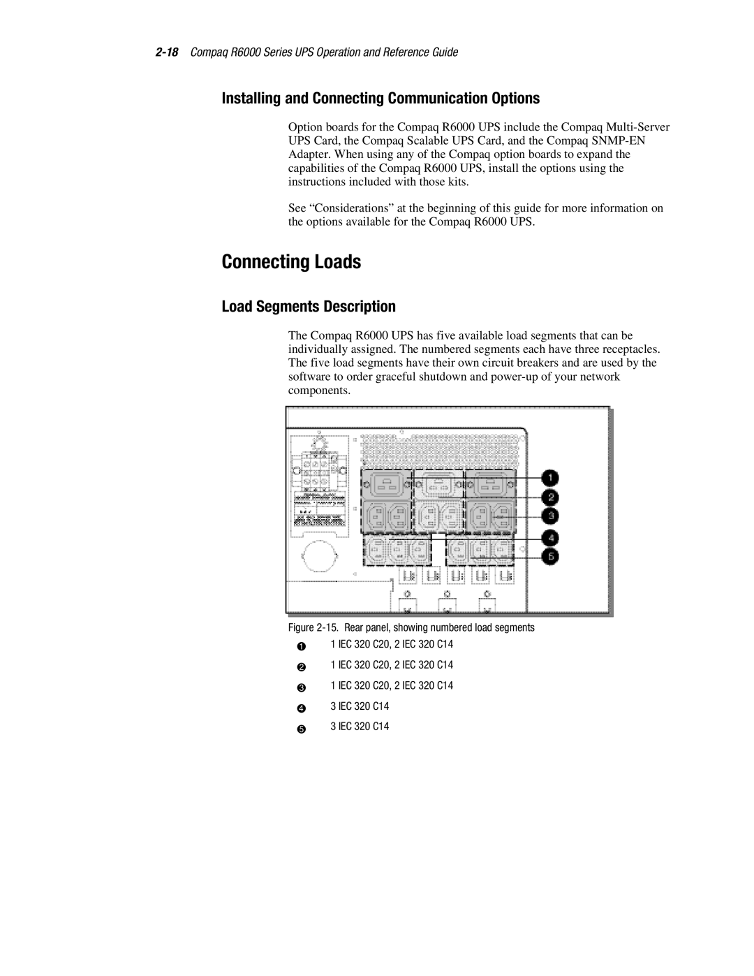 Compaq R6000 manual Connecting Loads, Installing and Connecting Communication Options, Load Segments Description 