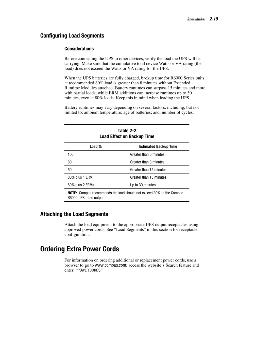 Compaq R6000 manual Ordering Extra Power Cords, Configuring Load Segments, Attaching the Load Segments, Considerations 