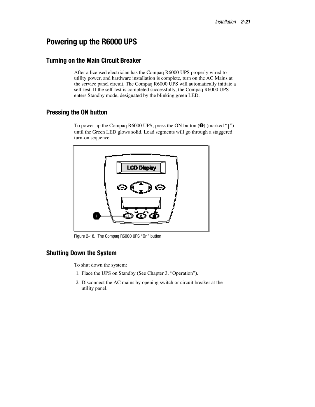 Compaq Powering up the R6000 UPS, Turning on the Main Circuit Breaker, Pressing the on button, Shutting Down the System 