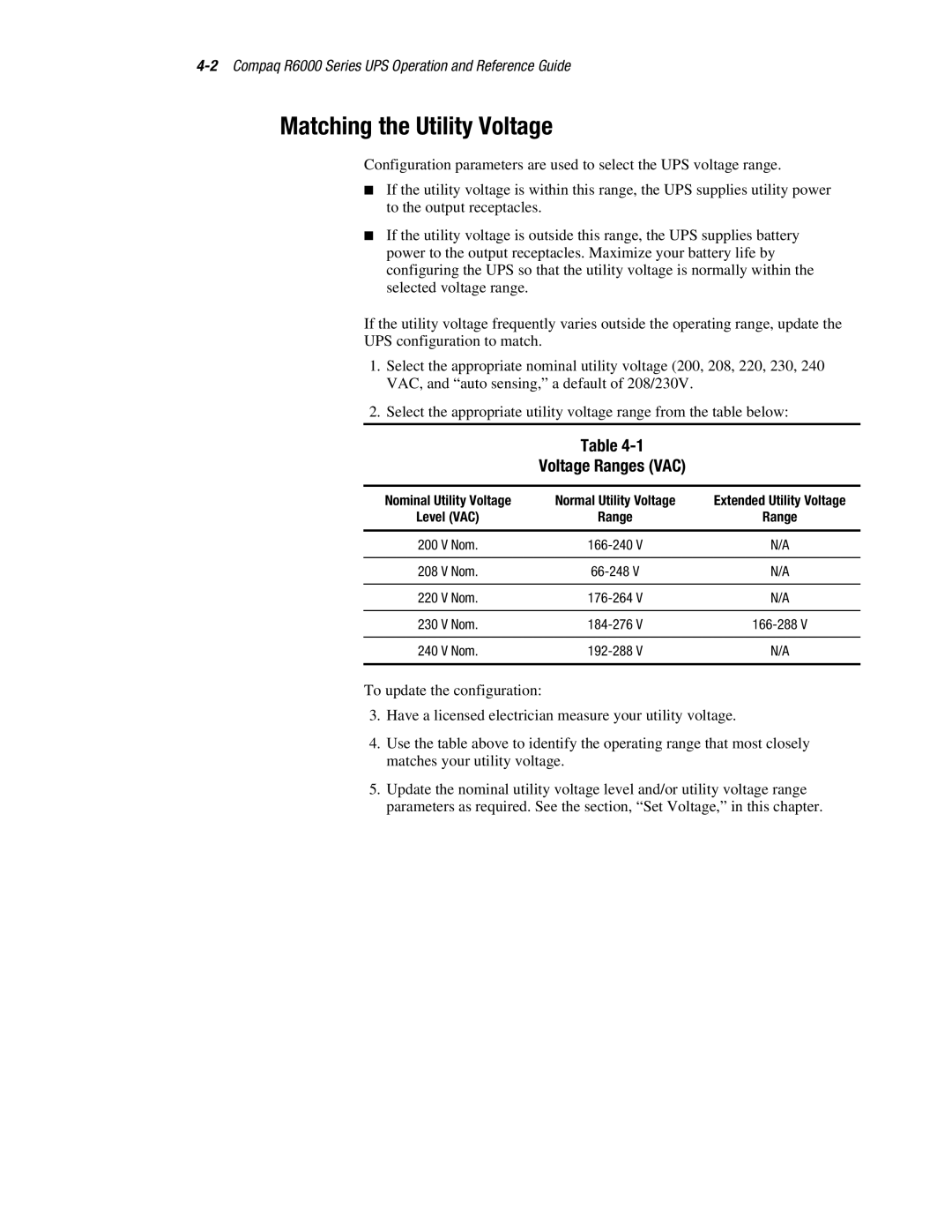 Compaq R6000 manual Matching the Utility Voltage, Voltage Ranges VAC 