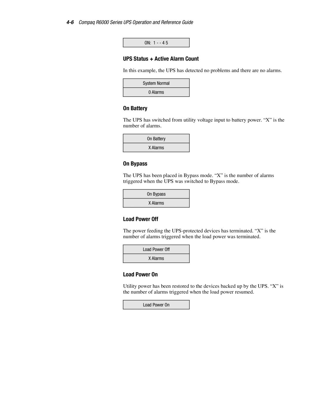 Compaq R6000 manual UPS Status + Active Alarm Count, On Battery, On Bypass, Load Power Off, Load Power On 