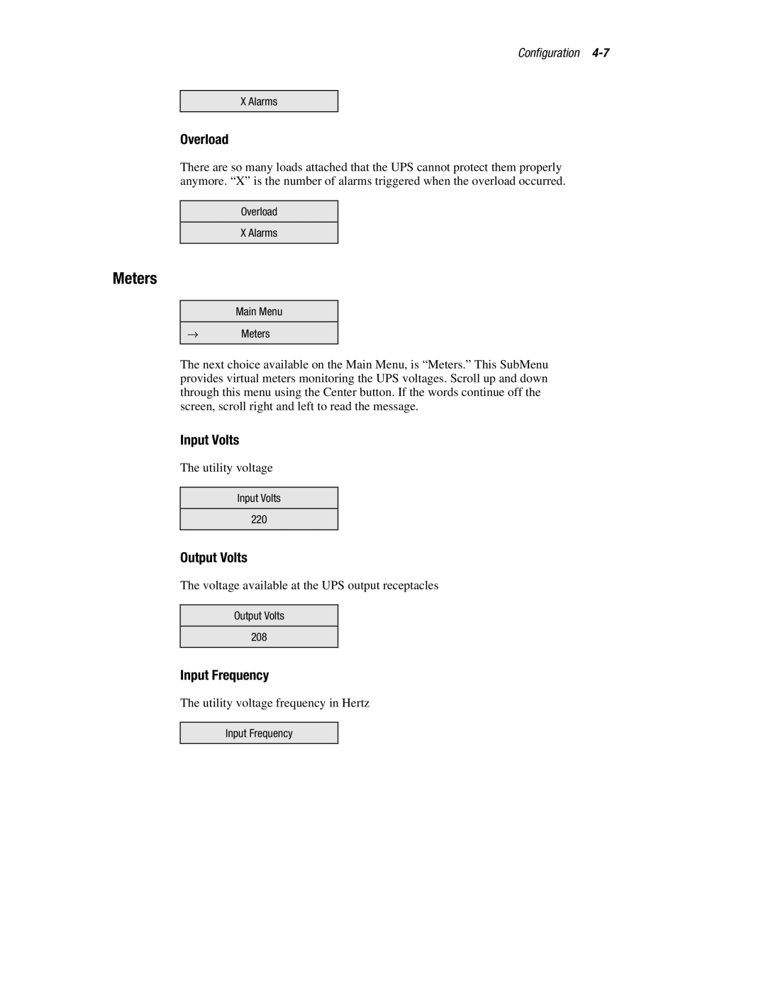 Compaq R6000 manual Meters, Overload, Input Volts, Output Volts, Input Frequency 