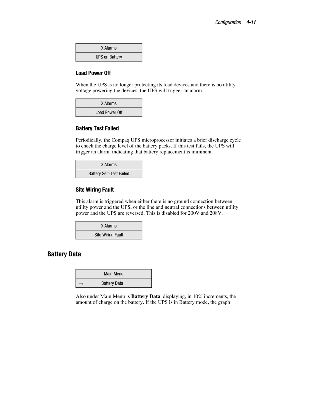 Compaq R6000 manual Battery Data, Battery Test Failed, Site Wiring Fault 