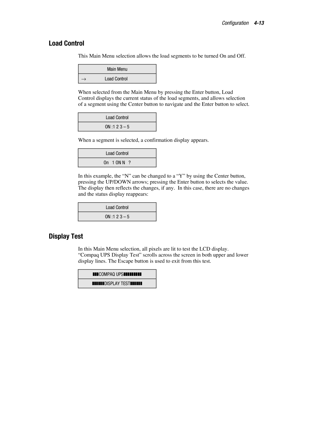 Compaq R6000 manual Load Control, Display Test 