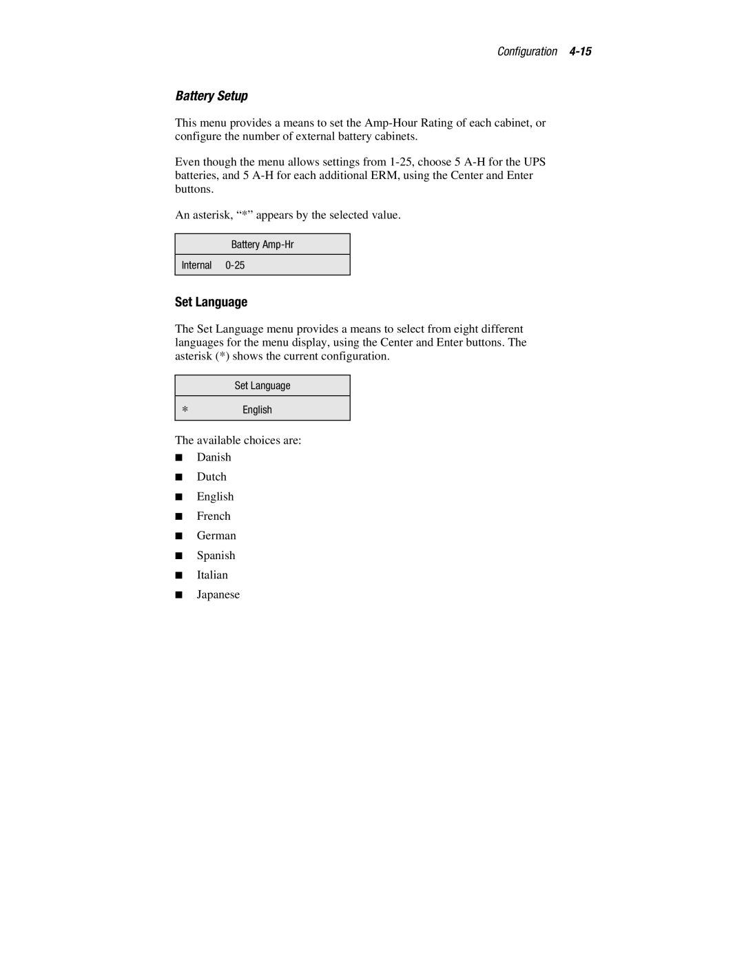 Compaq R6000 manual Battery Setup, Set Language 