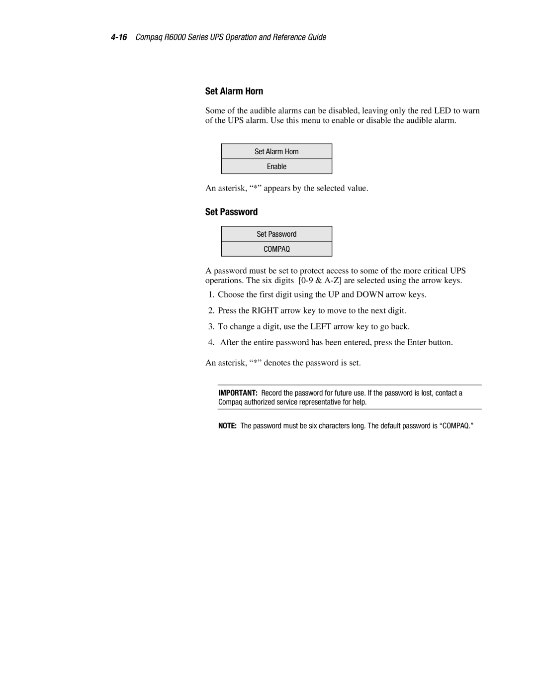 Compaq R6000 manual Set Alarm Horn, Set Password 