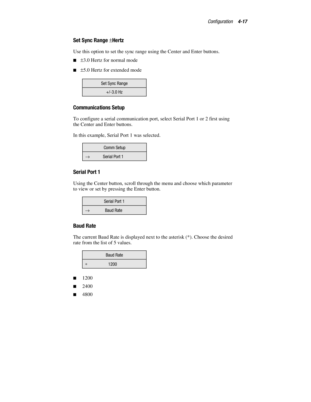 Compaq R6000 manual Set Sync Range ±Hertz, Communications Setup, Serial Port, Baud Rate 