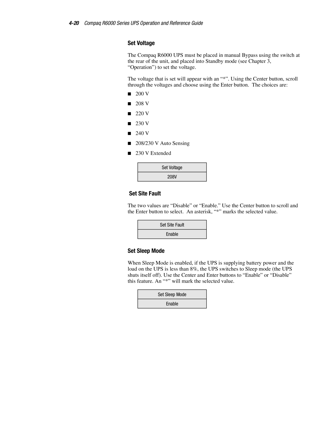 Compaq R6000 manual Set Voltage, Set Site Fault, Set Sleep Mode 