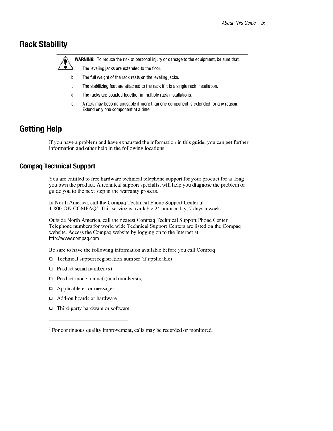 Compaq R6000 manual Rack Stability, Getting Help, Compaq Technical Support 