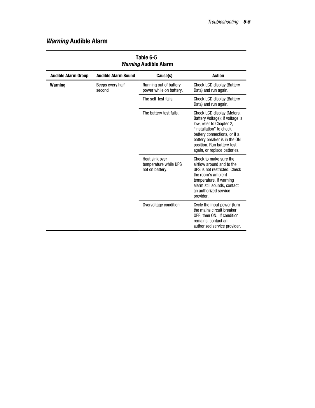 Compaq R6000 manual Causes Action, Low, refer to Chapter 