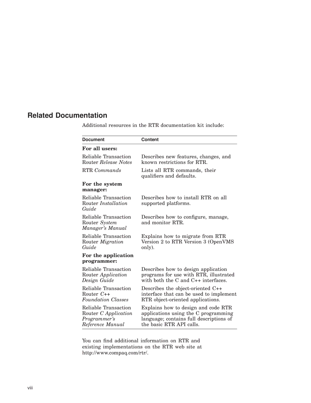 Compaq Reliable Transaction Router manual Related Documentation, For all users 