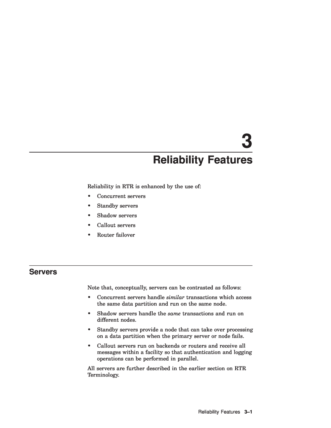 Compaq Reliable Transaction Router manual Reliability Features, Servers 