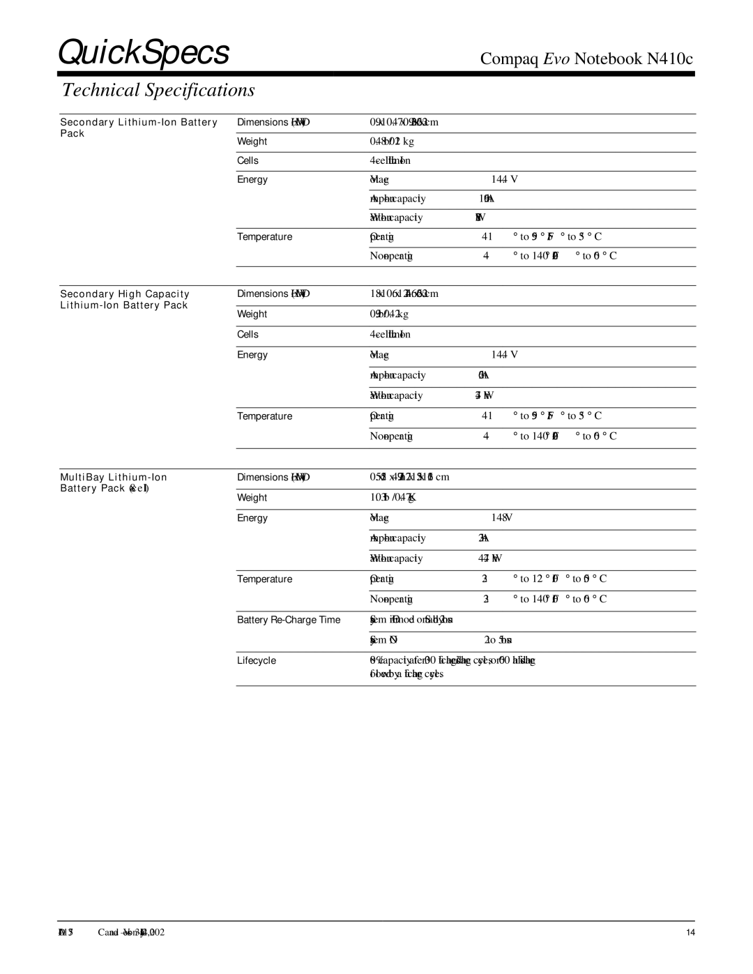 Compaq RJ-11 Secondary Lithium-Ion Battery Dimensions H x W x D, Pack Weight, Secondary High Capacity Dimensions H x W x D 