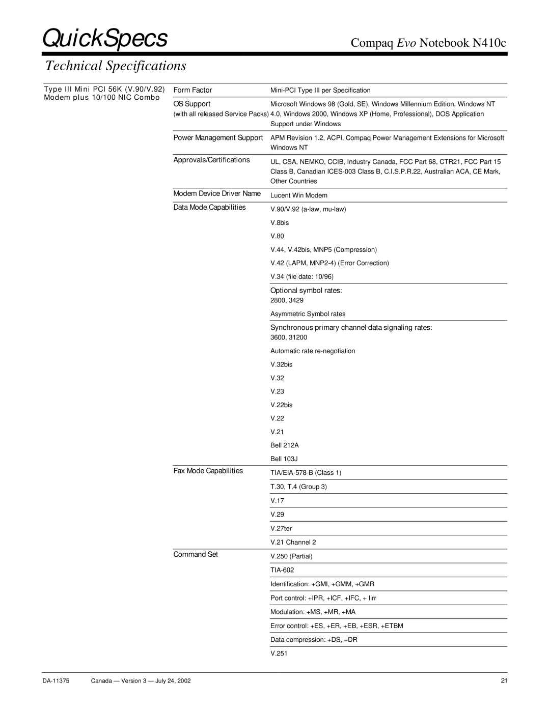 Compaq RJ-11 warranty Power Management Support, Approvals/Certifications, Modem Device Driver Name, Data Mode Capabilities 