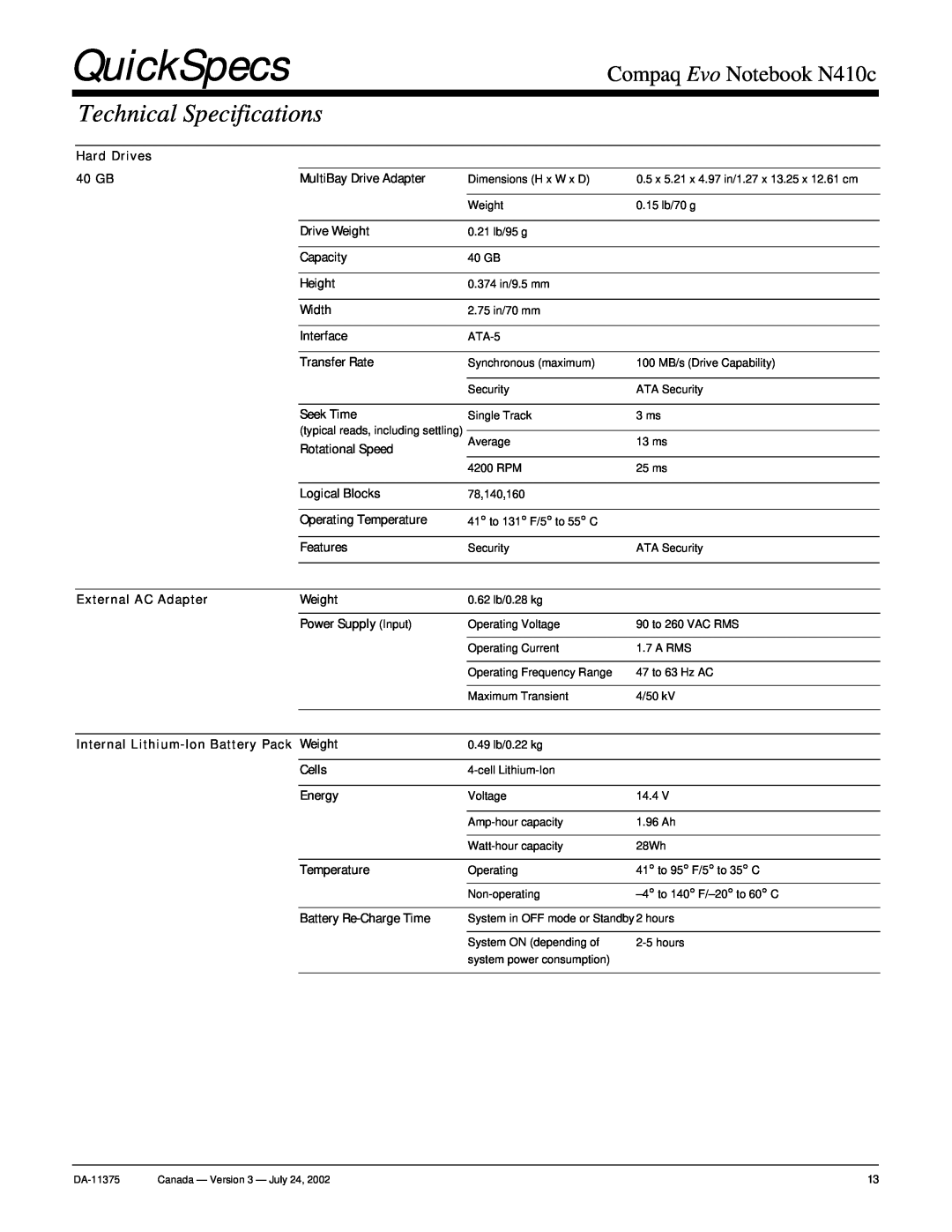 Compaq RJ-11 warranty QuickSpecs, Technical Specifications, Compaq Evo Notebook N410c 