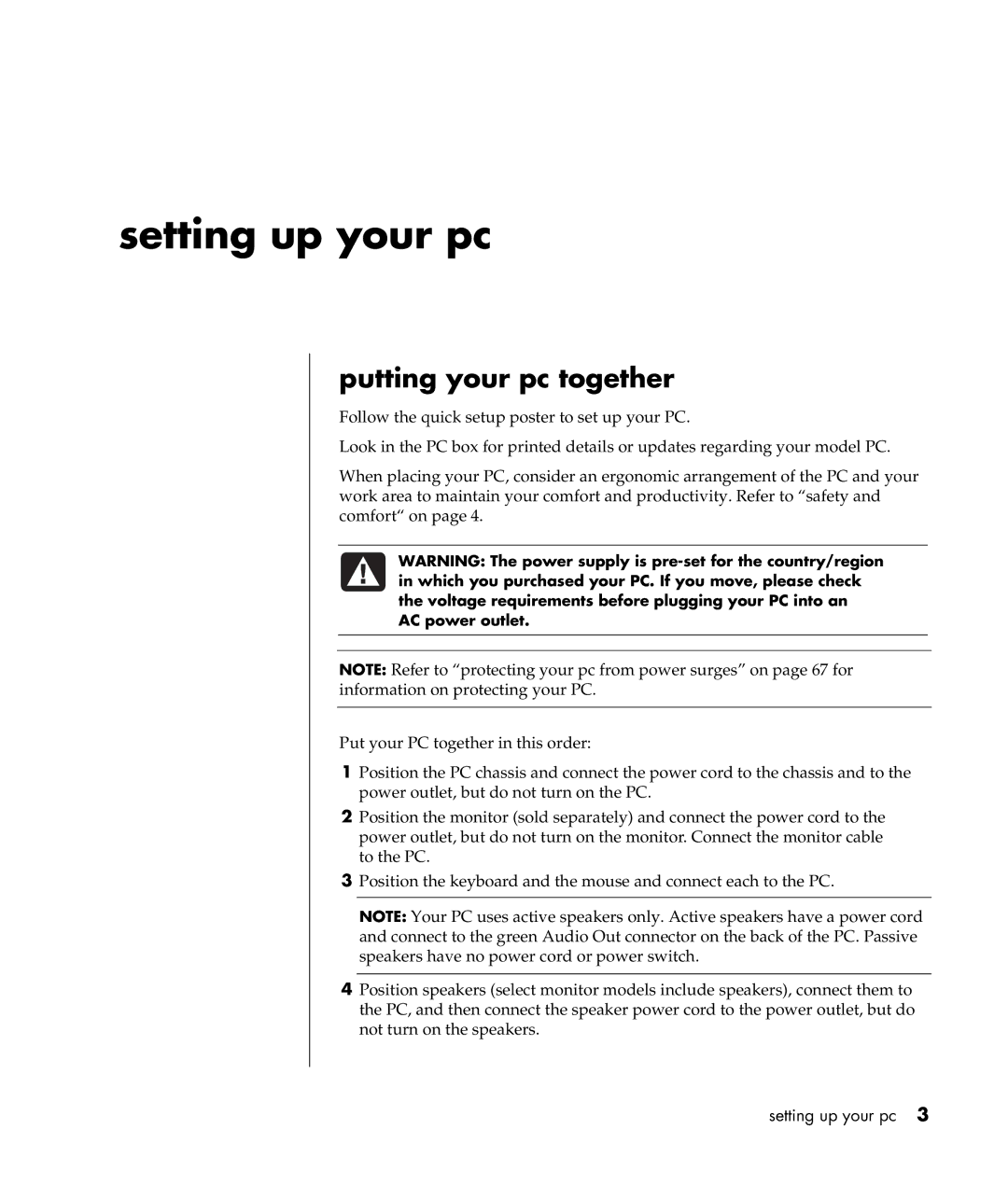 Compaq S0000 / 8000 manual Setting up your pc, Putting your pc together, AC power outlet 