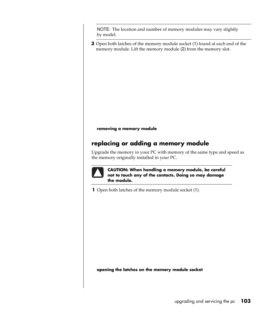 Compaq S0000 / 8000 manual Replacing or adding a memory module, Removing a memory module 