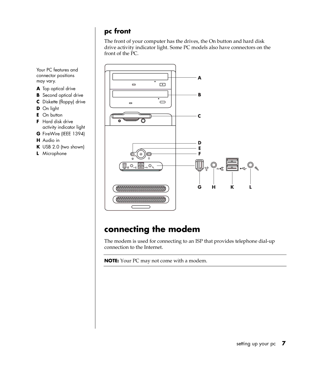 Compaq S0000 / 8000 manual Connecting the modem, Pc front 