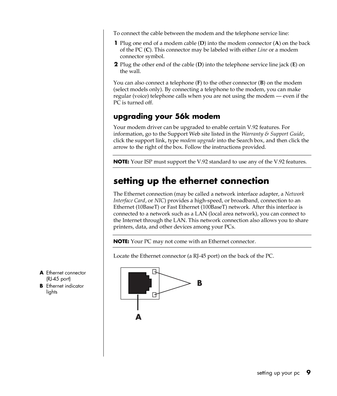 Compaq S0000 / 8000 manual Setting up the ethernet connection, Upgrading your 56k modem 