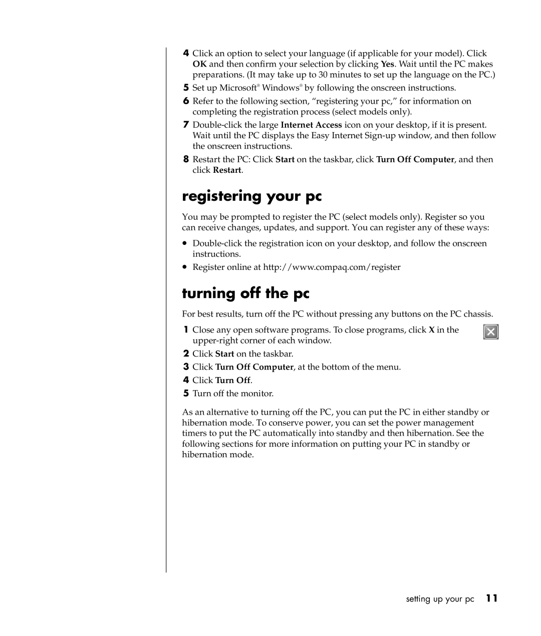 Compaq S0000 / 8000 manual Registering your pc, Turning off the pc 