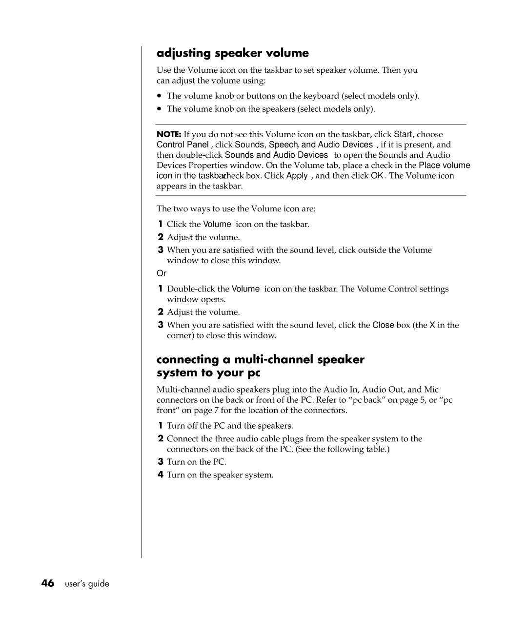 Compaq S0000 / 8000 manual Adjusting speaker volume, Connecting a multi-channel speaker system to your pc 