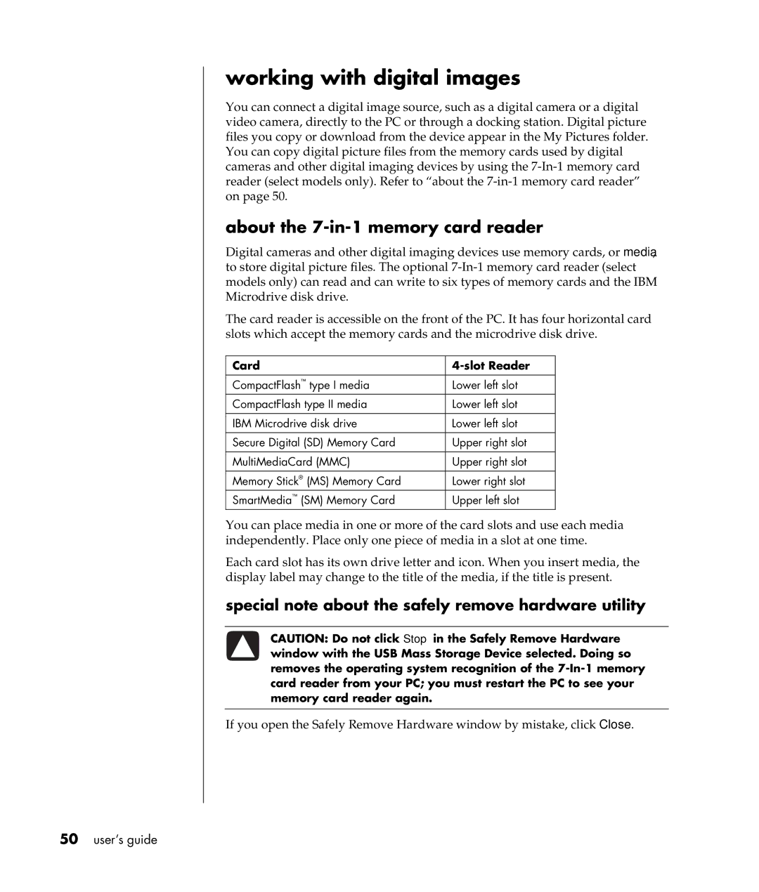 Compaq S0000 / 8000 manual Working with digital images, About the 7-in-1 memory card reader, Card Slot Reader 