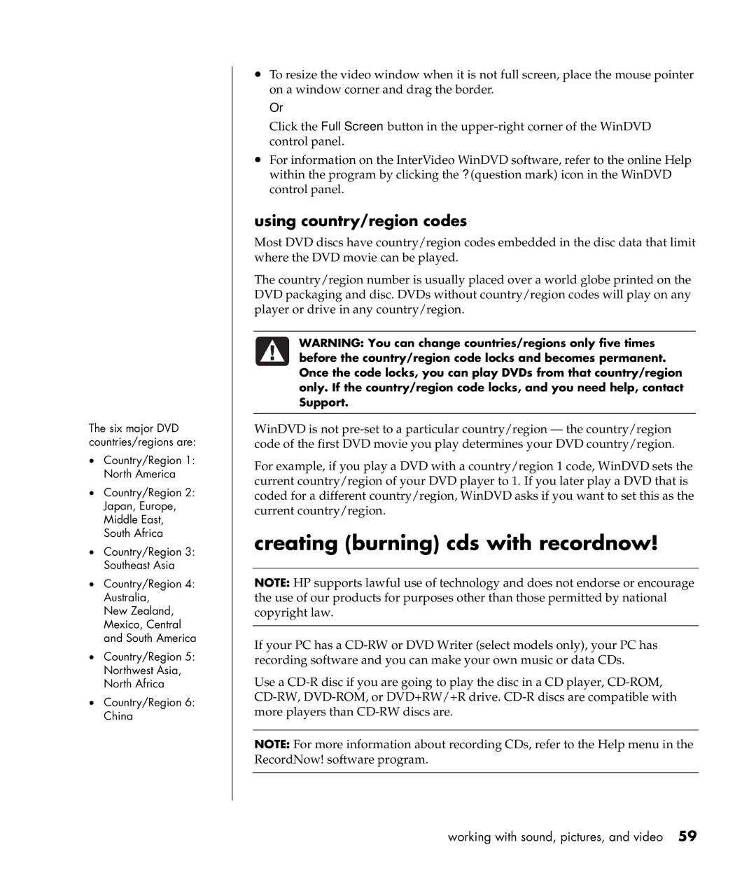 Compaq S0000 / 8000 manual Creating burning cds with recordnow, Using country/region codes 