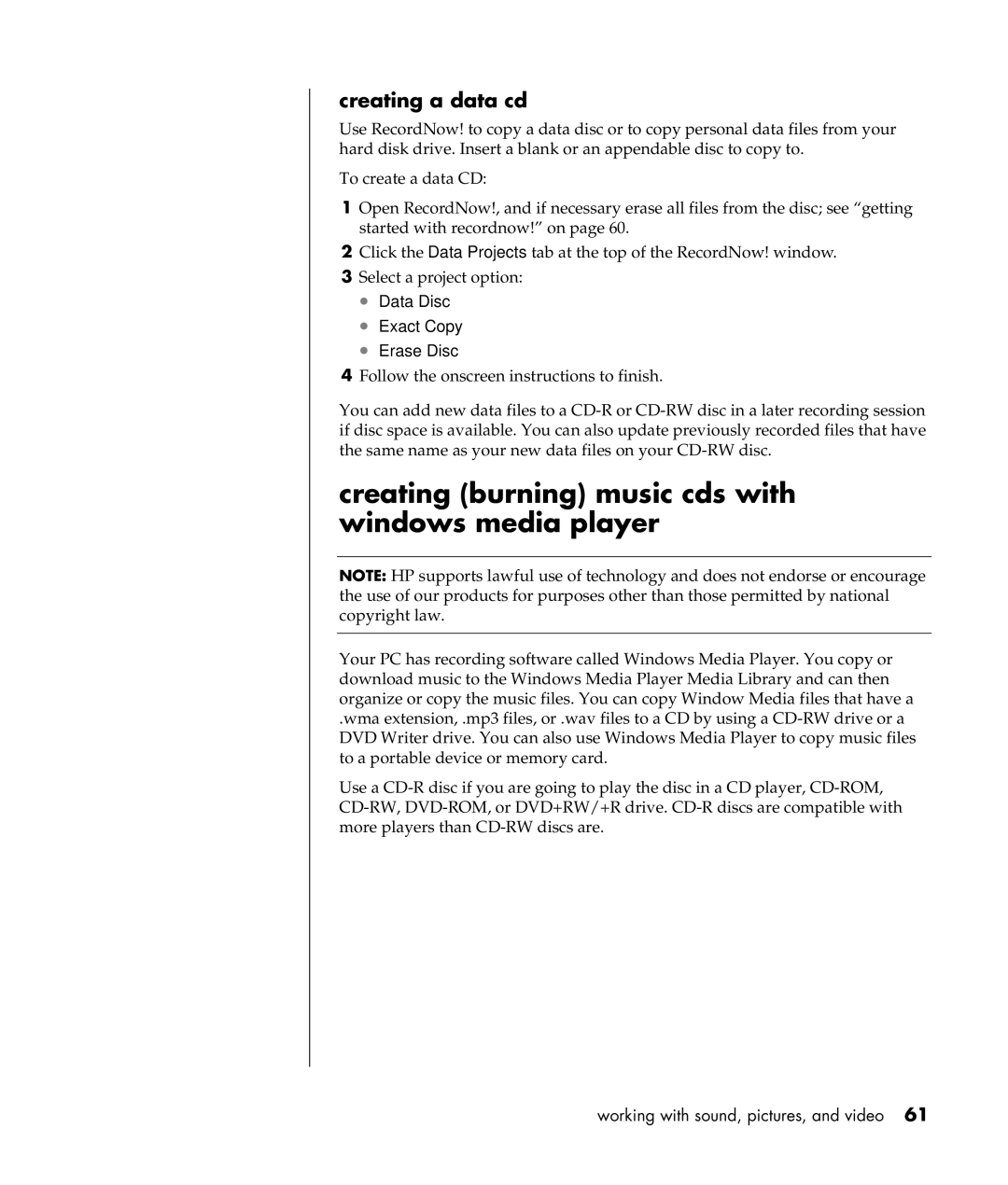 Compaq S0000 / 8000 manual Creating burning music cds with windows media player, Creating a data cd 