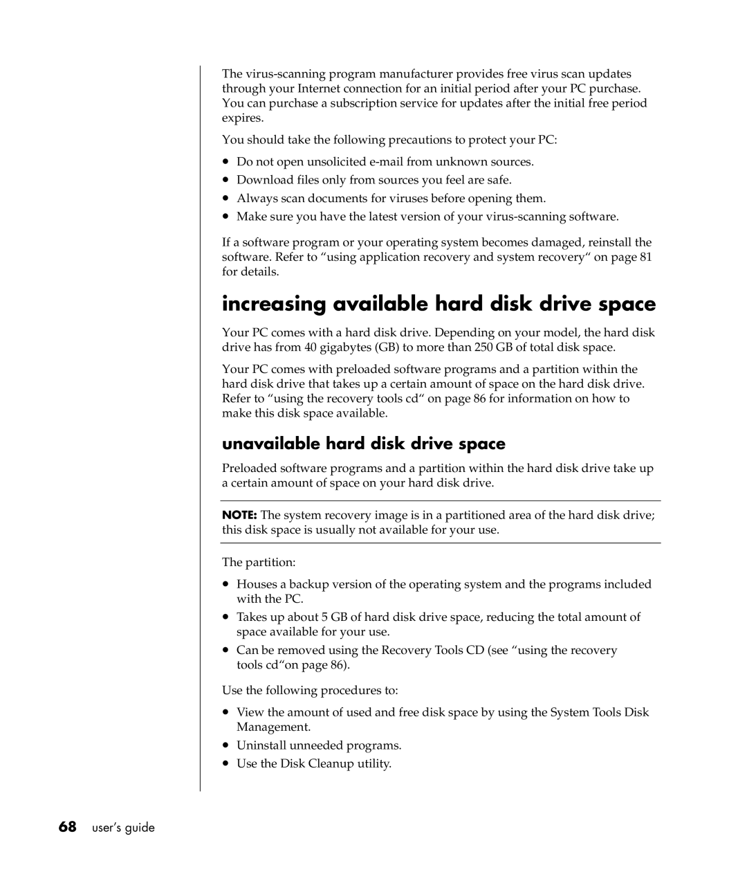 Compaq S0000 / 8000 manual Increasing available hard disk drive space, Unavailable hard disk drive space 