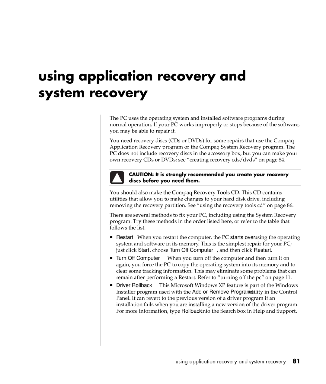 Compaq S0000 / 8000 manual Using application recovery and system recovery 