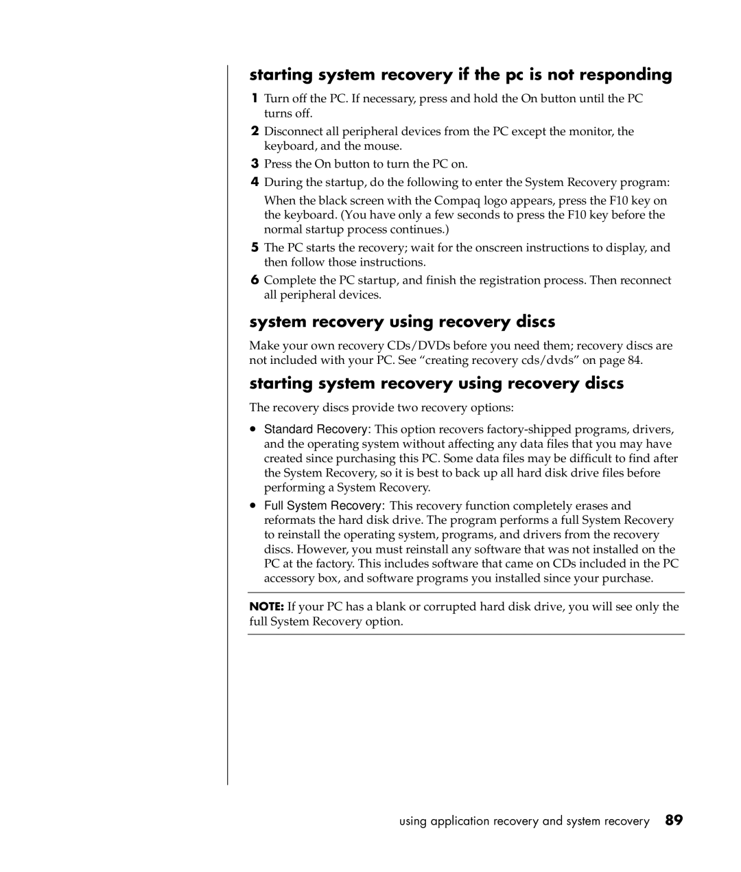 Compaq S0000 / 8000 manual Starting system recovery if the pc is not responding, System recovery using recovery discs 