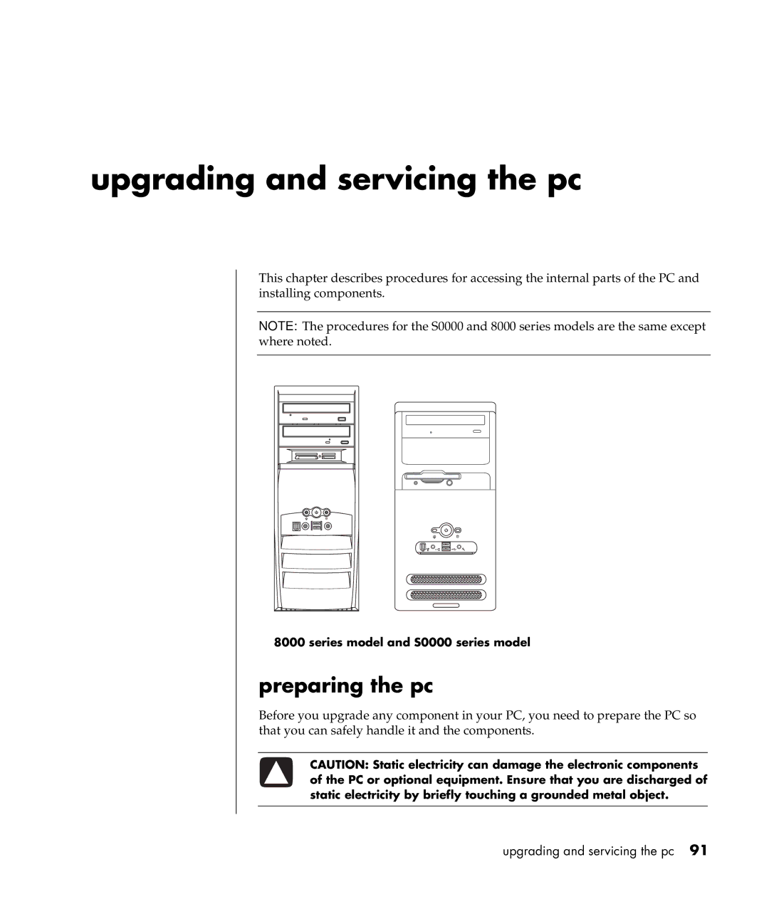 Compaq S0000 / 8000 manual Upgrading and servicing the pc, Preparing the pc, Series model and S0000 series model 