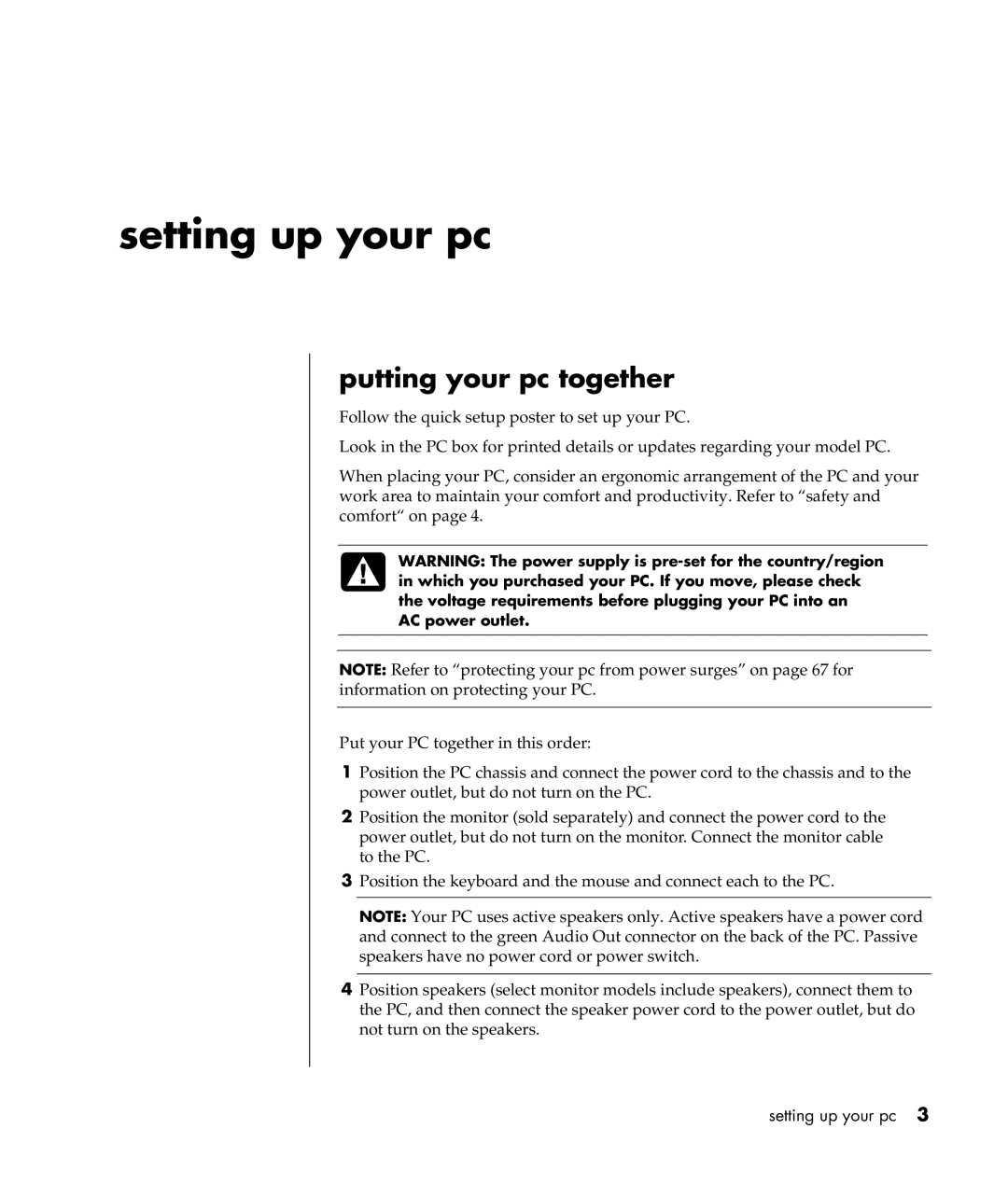 Compaq S0000 Series manual Setting up your pc, Putting your pc together 