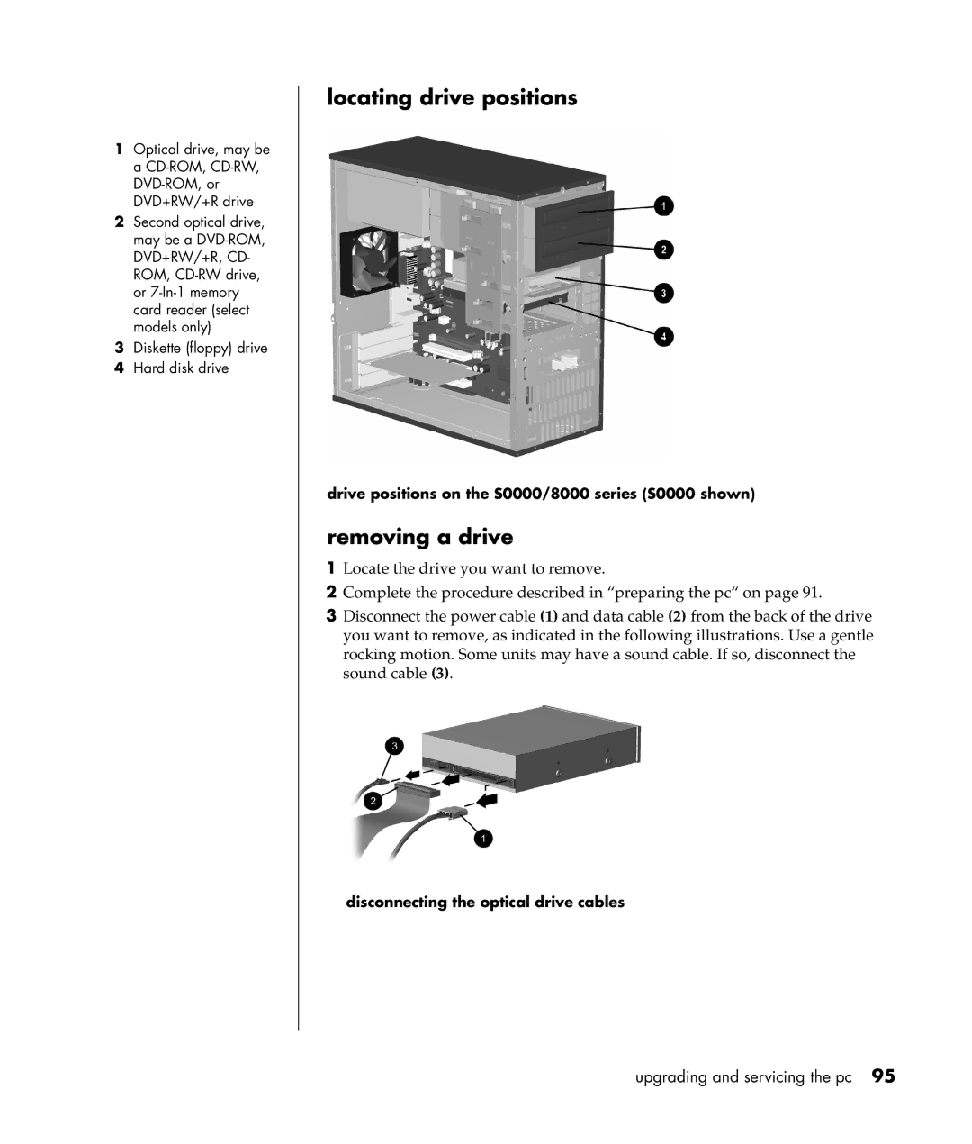 Compaq S0000 Series manual Locating drive positions, Removing a drive, Drive positions on the S0000/8000 series S0000 shown 