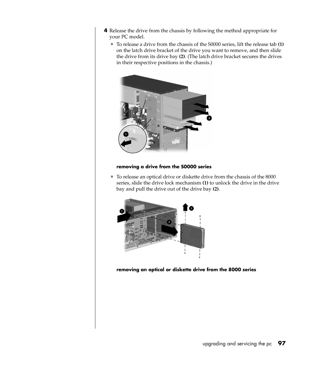 Compaq S0000 Series Removing a drive from the S0000 series, Removing an optical or diskette drive from the 8000 series 