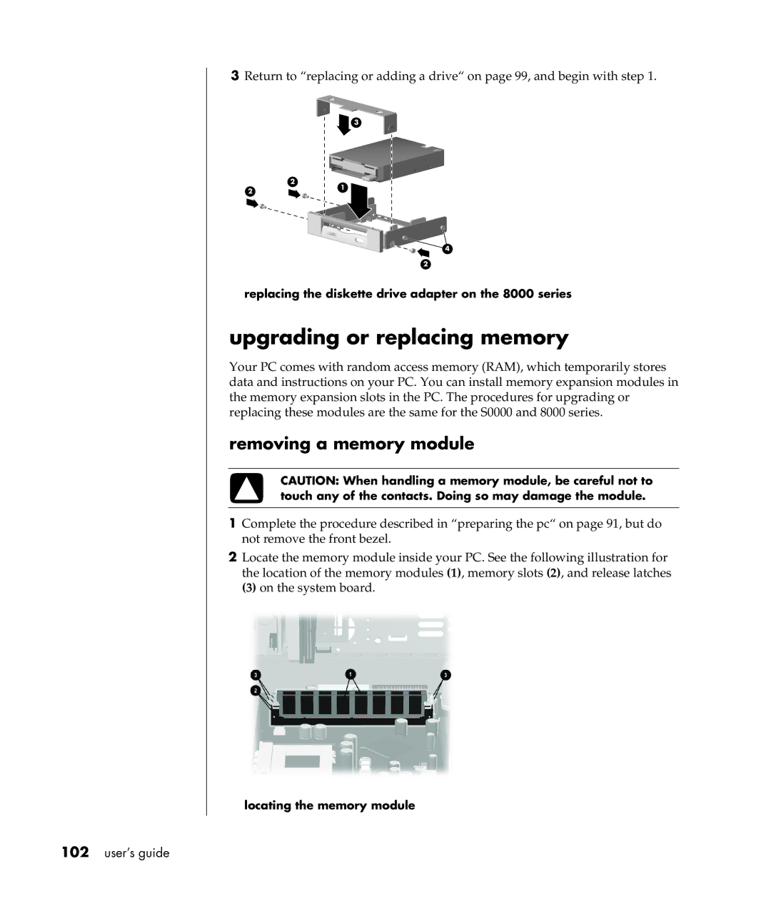 Compaq S0000 Series manual Upgrading or replacing memory, Removing a memory module, Locating the memory module 