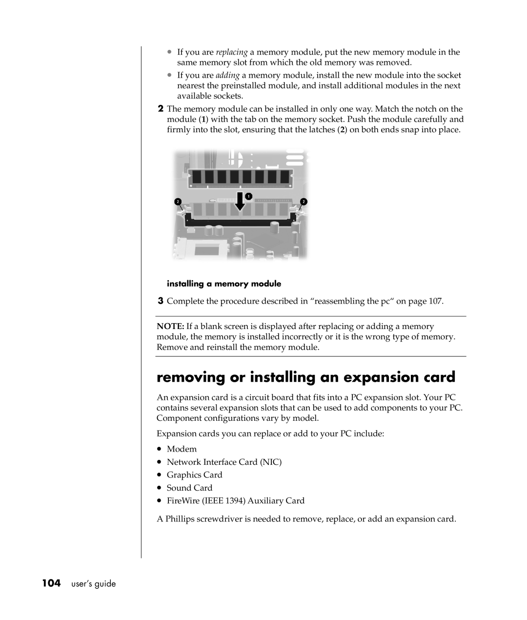 Compaq S0000 Series manual Removing or installing an expansion card, Installing a memory module 